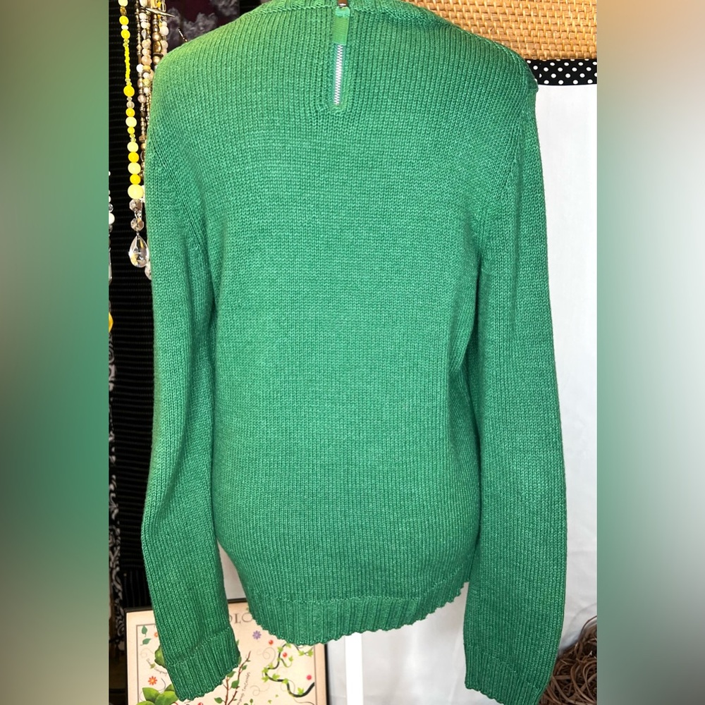 Talbots Green Sweater with Navy Pom Poms Size Medium - Picture 4 of 6